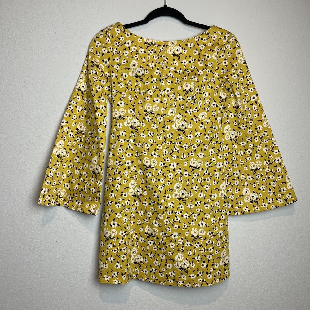 Zara Dress Womens S Yellow Floral V Neck Bell Sleeve Shift Short Mini Casual